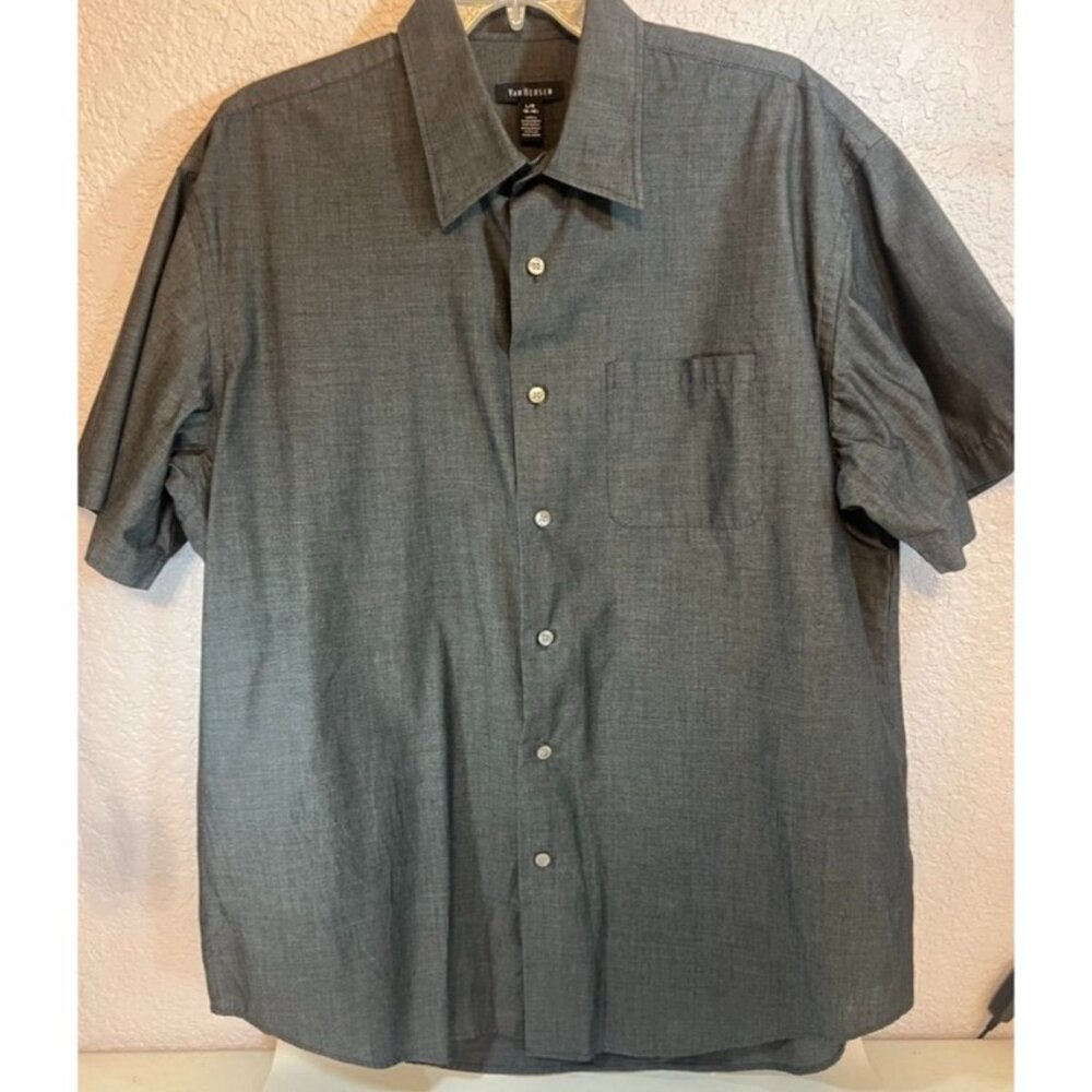 Van Heusen Mens Lrg SS Shirt Button Up Gray Cotton Polyester‎